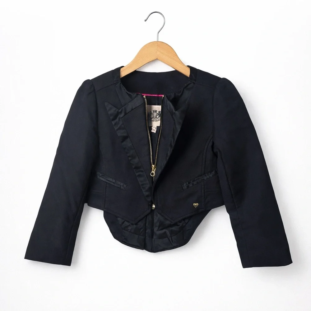 Juicy Couture Girls Black Blazer Jacket 4/5 Satin Trim Gold Zip Dressy Kids Coat